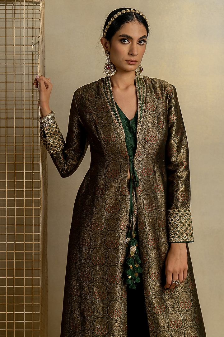 Mehendi Green Brocade Aari Embroidered Jacket Set by Pooja & Keyur at Pernia's Pop Up Shop