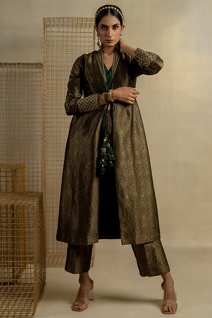 Mehendi Green Brocade Aari Embroidered Jacket Set by Pooja & Keyur at Pernia's Pop Up Shop
