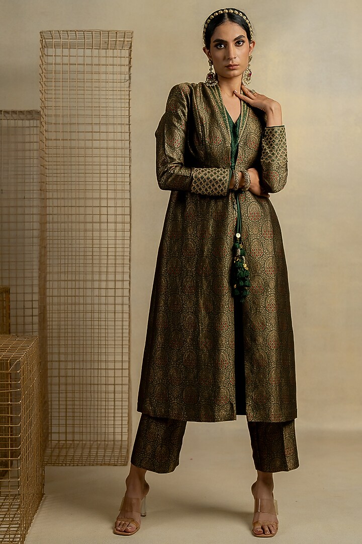 Mehendi Green Brocade Aari Embroidered Jacket Set by Pooja & Keyur at Pernia's Pop Up Shop