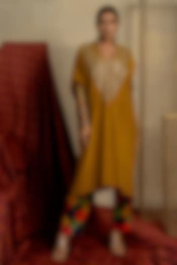 Yellow Silk Aari Embroidered Kaftan Set by Pooja & Keyur at Pernia's Pop Up Shop