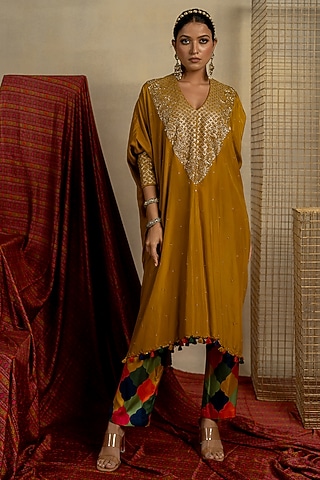 Yellow Silk Aari Embroidered Kaftan Set by Pooja & Keyur