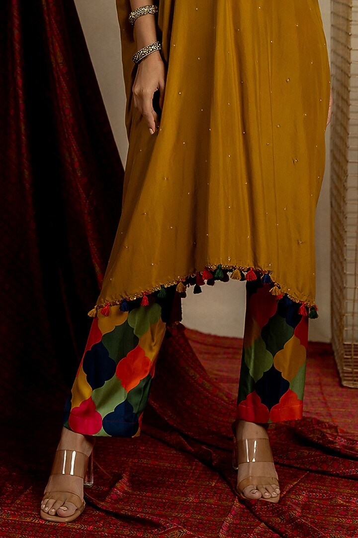 Yellow Silk Aari Embroidered Kaftan Set by Pooja & Keyur at Pernia's Pop Up Shop