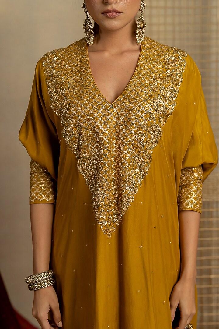 Yellow Silk Aari Embroidered Kaftan Set by Pooja & Keyur at Pernia's Pop Up Shop