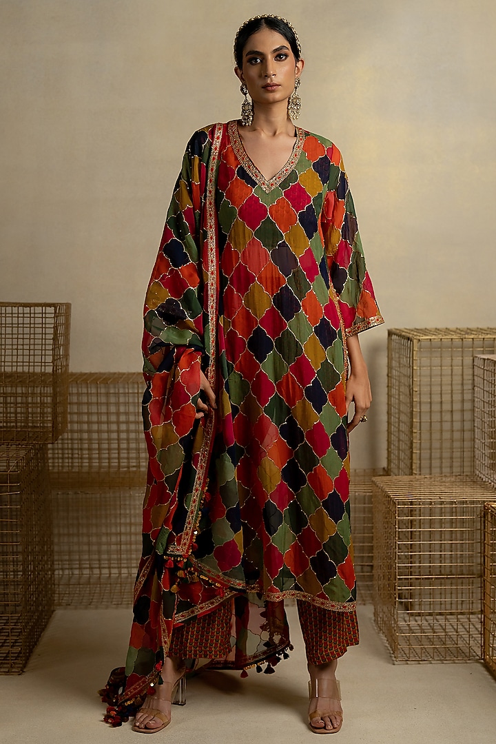 Multi-Colored Organza Aari Embroidered Kurta Set by Pooja & Keyur at Pernia's Pop Up Shop