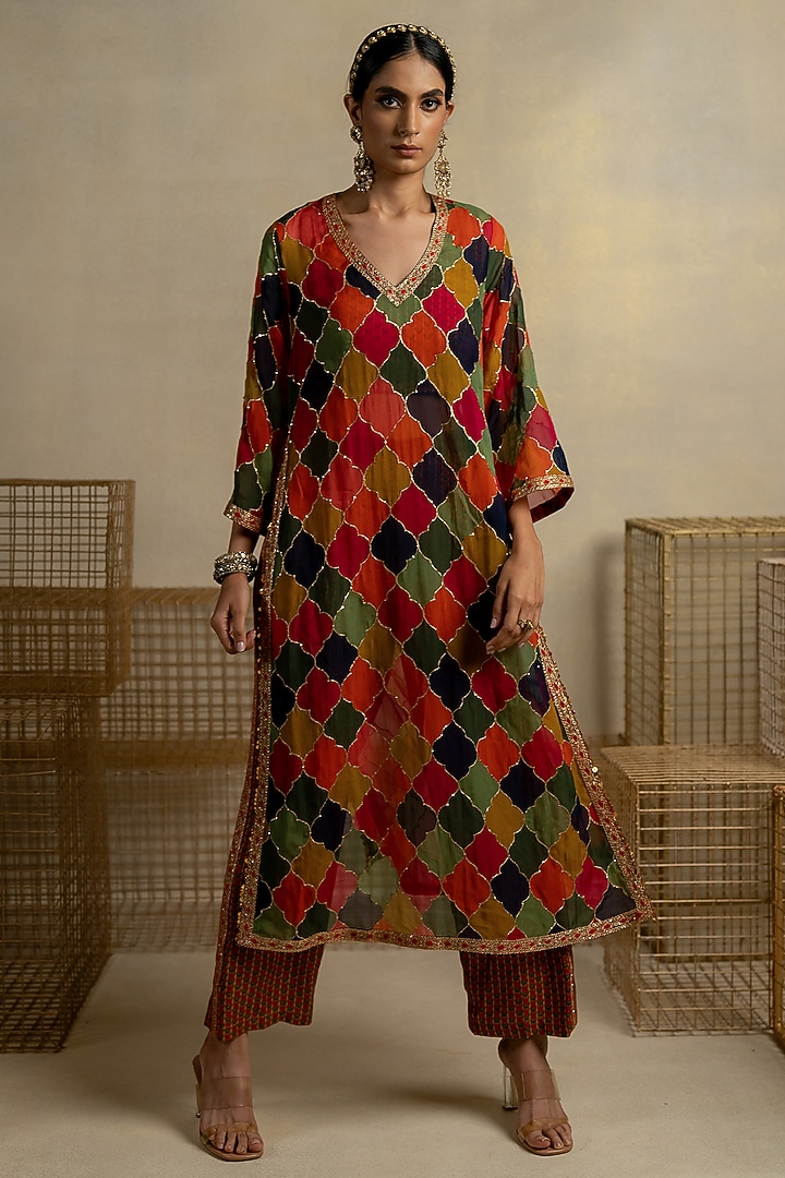 Multi-Colored Organza Aari Embroidered Kurta Set by Pooja & Keyur at Pernia's Pop Up Shop