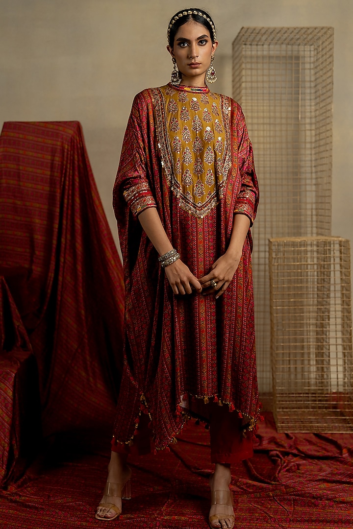 Brown Satin Aari Embroidered Kaftan Set by Pooja & Keyur at Pernia's Pop Up Shop