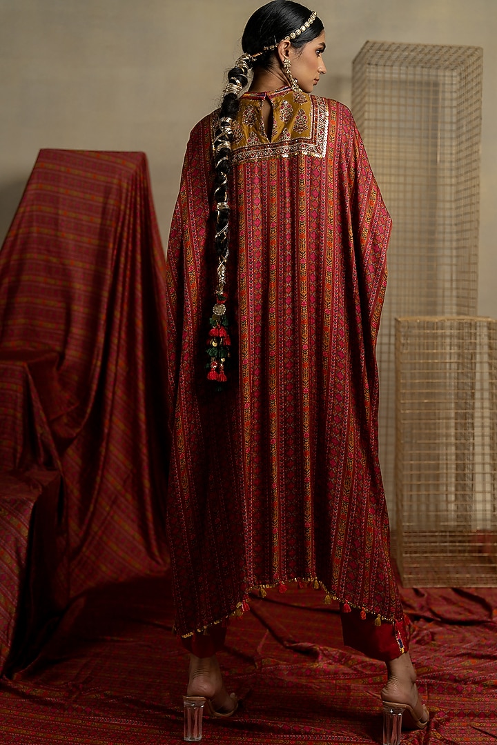 Brown Satin Aari Embroidered Kaftan Set by Pooja & Keyur at Pernia's Pop Up Shop