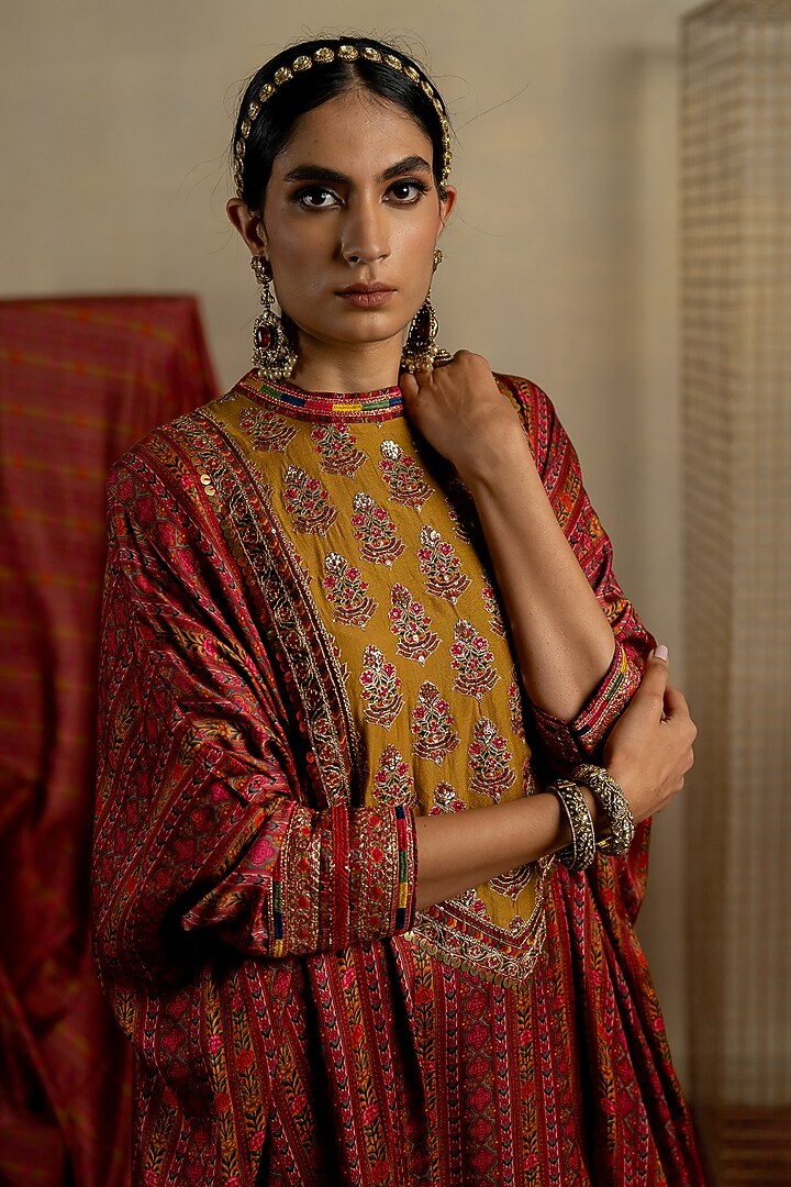 Brown Satin Aari Embroidered Kaftan Set by Pooja & Keyur at Pernia's Pop Up Shop