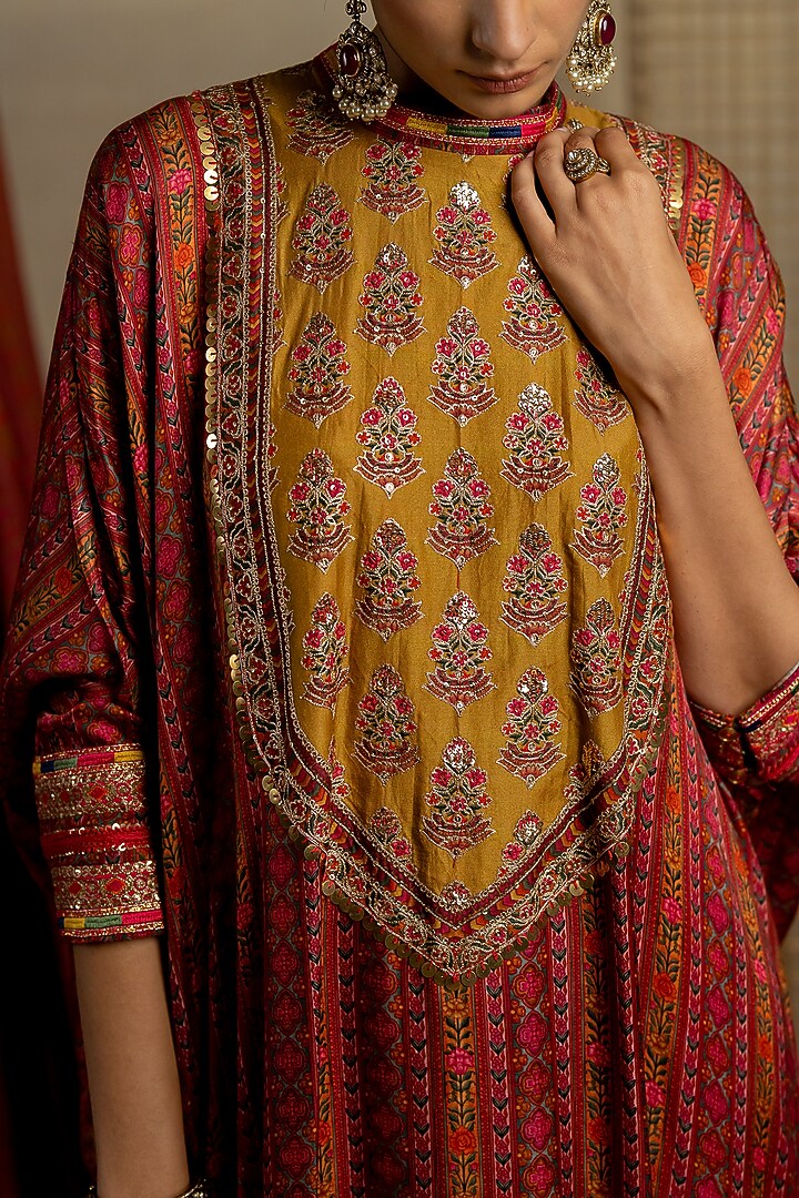 Brown Satin Aari Embroidered Kaftan Set by Pooja & Keyur at Pernia's Pop Up Shop