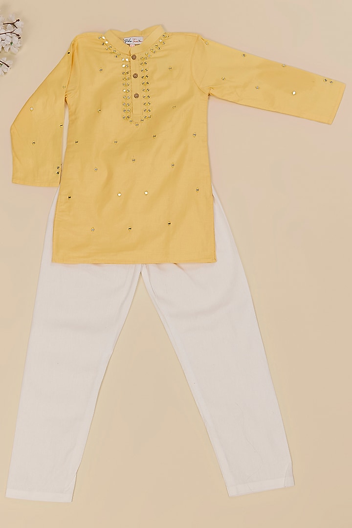 Yellow Cotton Satin Mirror Embroidered Kurta Set For Boys by Pole Taara at Pernia's Pop Up Shop