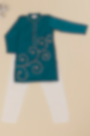 Peacock Blue Cotton Satin Resham Knot Work Kurta Set For Boys by Pole Taara at Pernia's Pop Up Shop