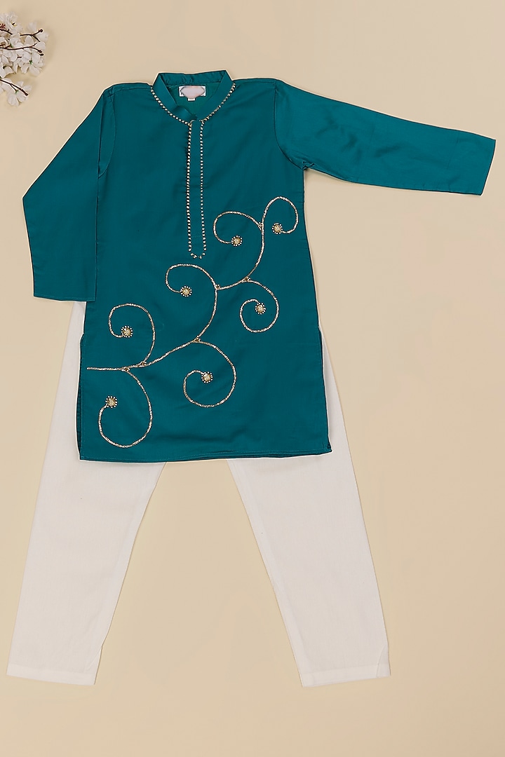 Peacock Blue Cotton Satin Resham Knot Work Kurta Set For Boys by Pole Taara at Pernia's Pop Up Shop