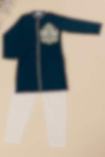 Blue Cotton Satin Pitta Jaal Work Kurta Set For Boys by Pole Taara at Pernia's Pop Up Shop