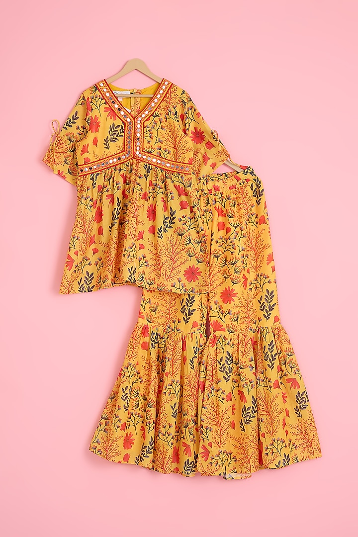 Yellow Muslin Digital Printed & Mirror Work Sharara Set For Girls by Pole Taara at Pernia's Pop Up Shop