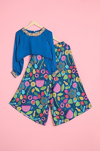 Cobalt Blue Modal Satin Digital Printed Culottes Pant Set For Girls by Pole Taara