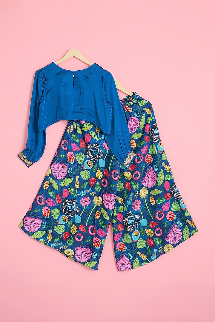 Cobalt Blue Modal Satin Digital Printed Culottes Pant Set For Girls by Pole Taara at Pernia's Pop Up Shop