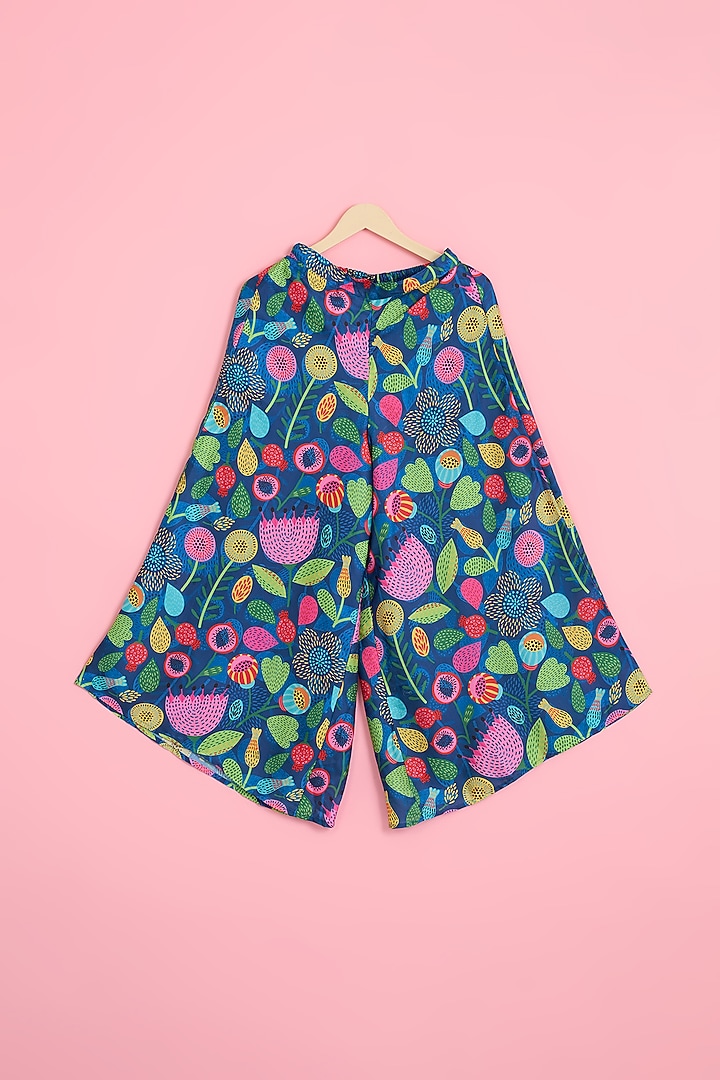 Cobalt Blue Modal Satin Digital Printed Culottes Pant Set For Girls by Pole Taara at Pernia's Pop Up Shop