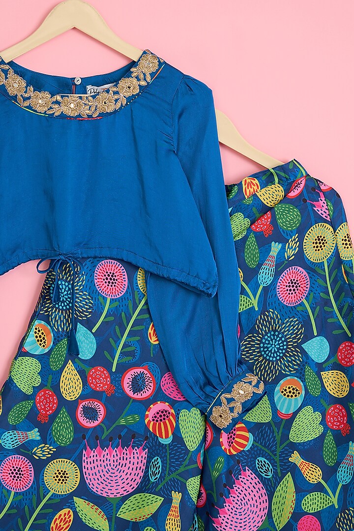 Cobalt Blue Modal Satin Digital Printed Culottes Pant Set For Girls by Pole Taara at Pernia's Pop Up Shop