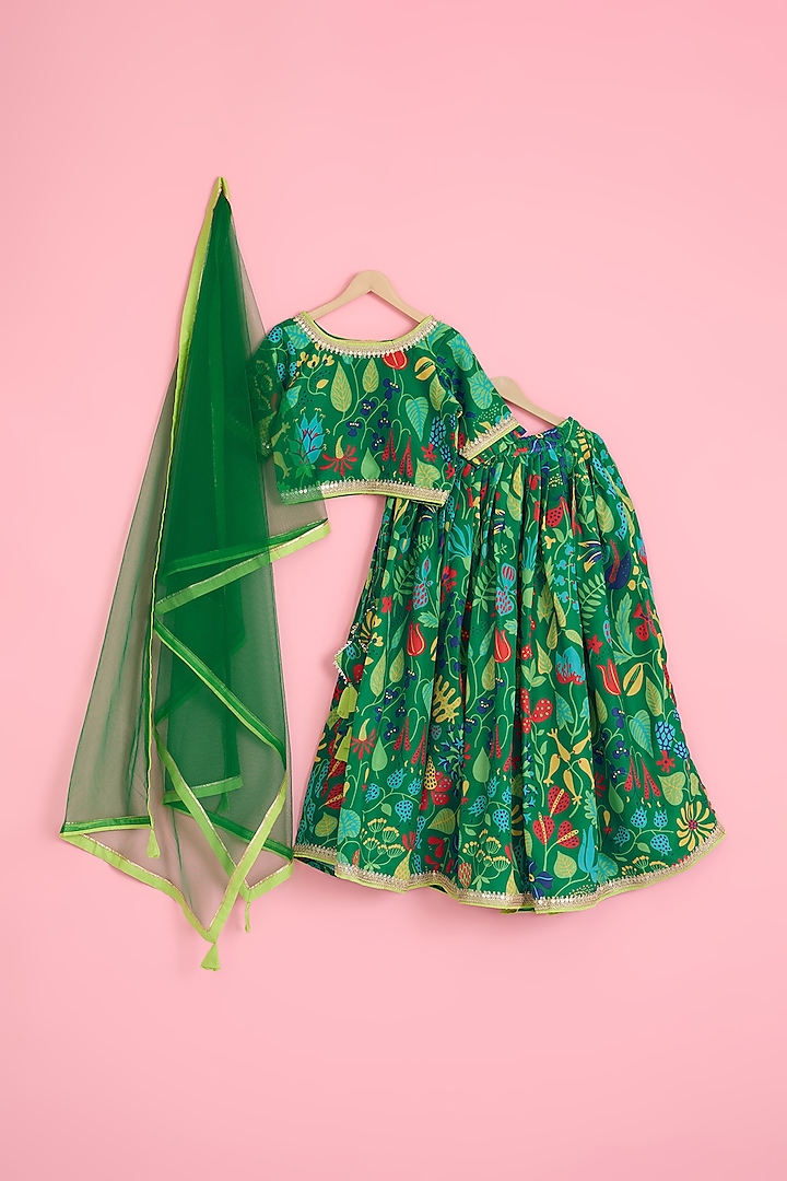 Green Muslin Floral Lehenga Set For Girls by Pole Taara at Pernia's Pop Up Shop