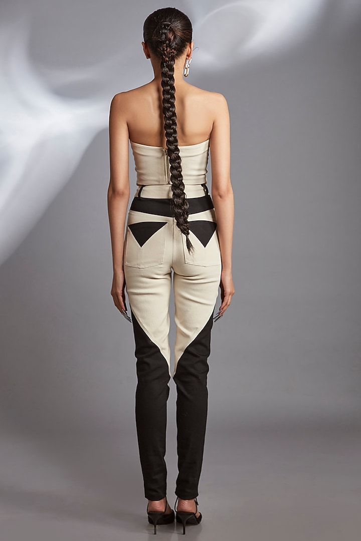 Ecru White & Black Denim Corset Top by Polite Society at Pernia's Pop Up Shop