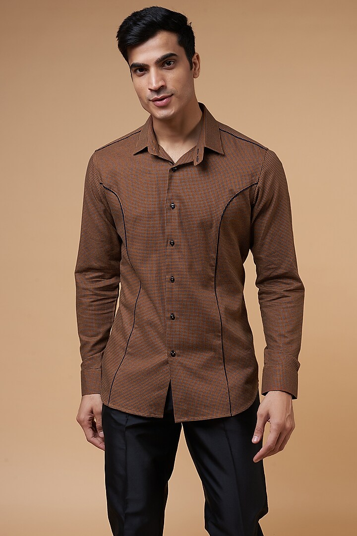 Brown Cotton Shirt by POUR LUI