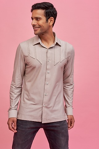 Beige Lycra Cotton Striped Shirt by POUR LUI