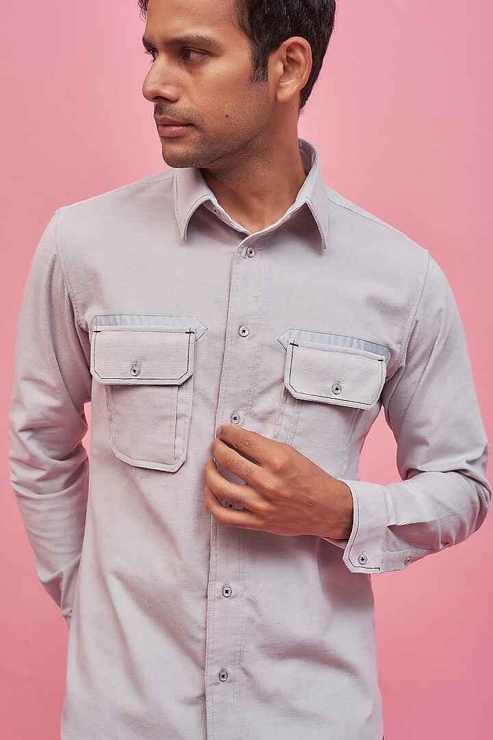 Grey Cotton Party Wear Shirt by POUR LUI at Pernia's Pop Up Shop