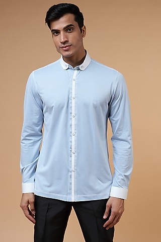 Blue Cotton Striped Shirt by POUR LUI