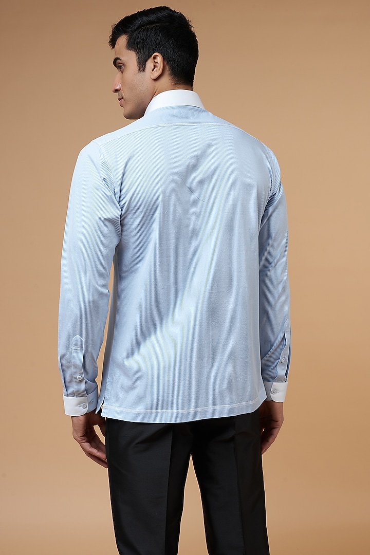 Blue Cotton Striped Party Wear Shirt by POUR LUI at Pernia's Pop Up Shop