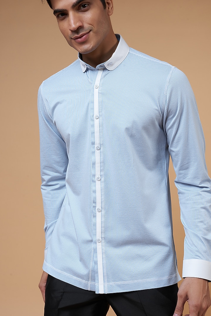 Blue Cotton Striped Party Wear Shirt by POUR LUI at Pernia's Pop Up Shop