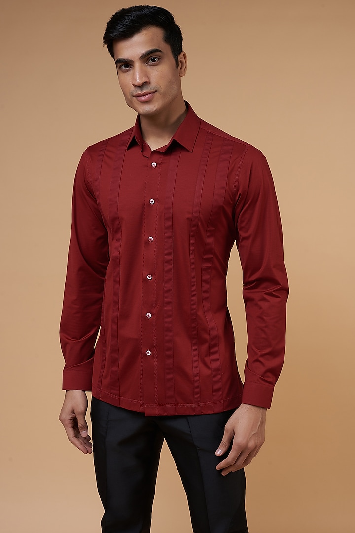 Red Cotton Lycra Knitted Shirt by POUR LUI