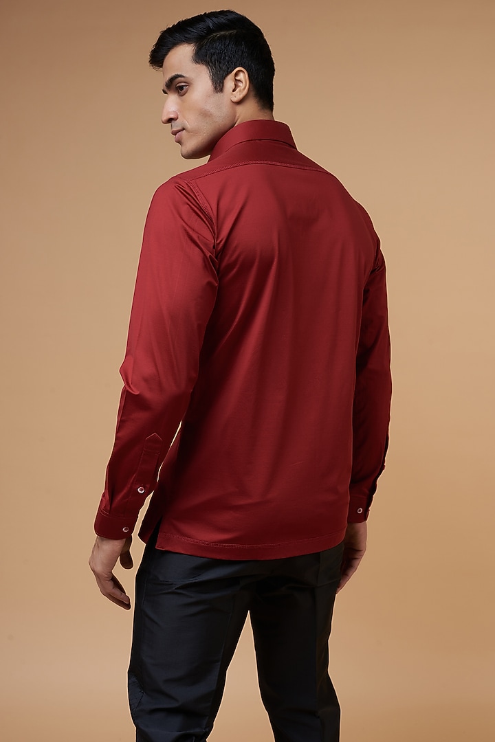 Red Cotton Lycra Knitted Party Wear Shirt by POUR LUI at Pernia's Pop Up Shop