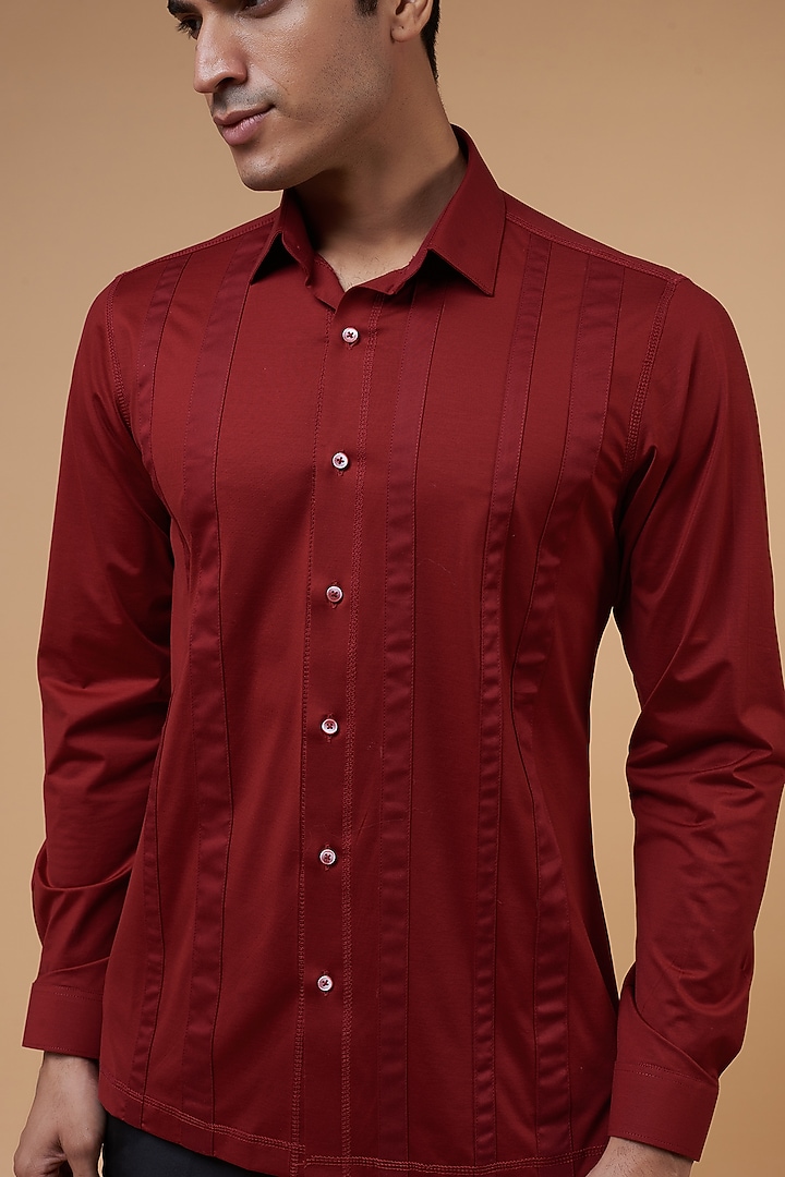 Red Cotton Lycra Knitted Party Wear Shirt by POUR LUI at Pernia's Pop Up Shop