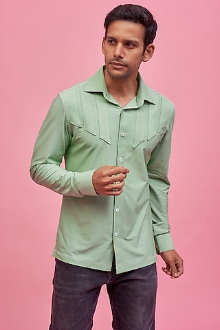 Green Lycra Cotton Striped Shirt by POUR LUI