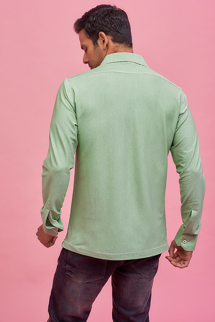 Green Lycra Cotton Striped Summer Shirt by POUR LUI at Pernia's Pop Up Shop