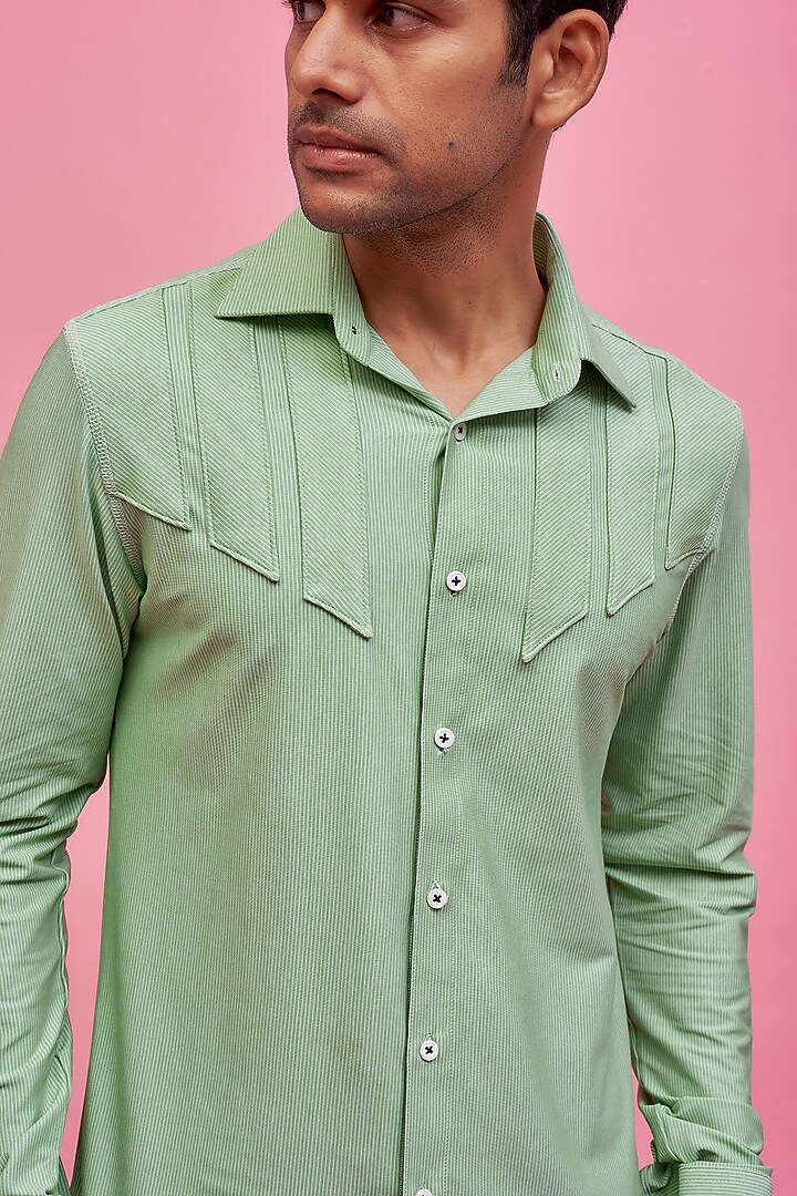 Green Lycra Cotton Striped Summer Shirt by POUR LUI at Pernia's Pop Up Shop
