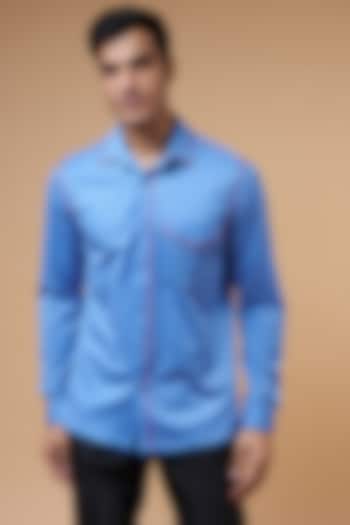 Blue Cotton Lycra Knitted Shirt by POUR LUI
