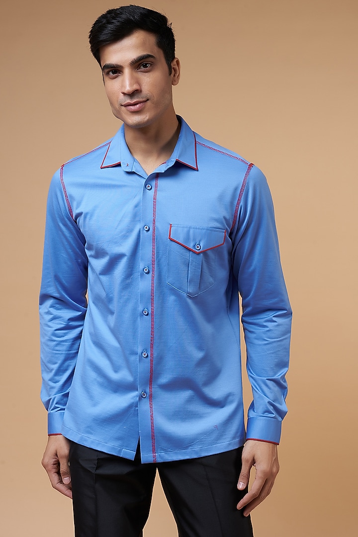 Blue Cotton Lycra Knitted Shirt by POUR LUI