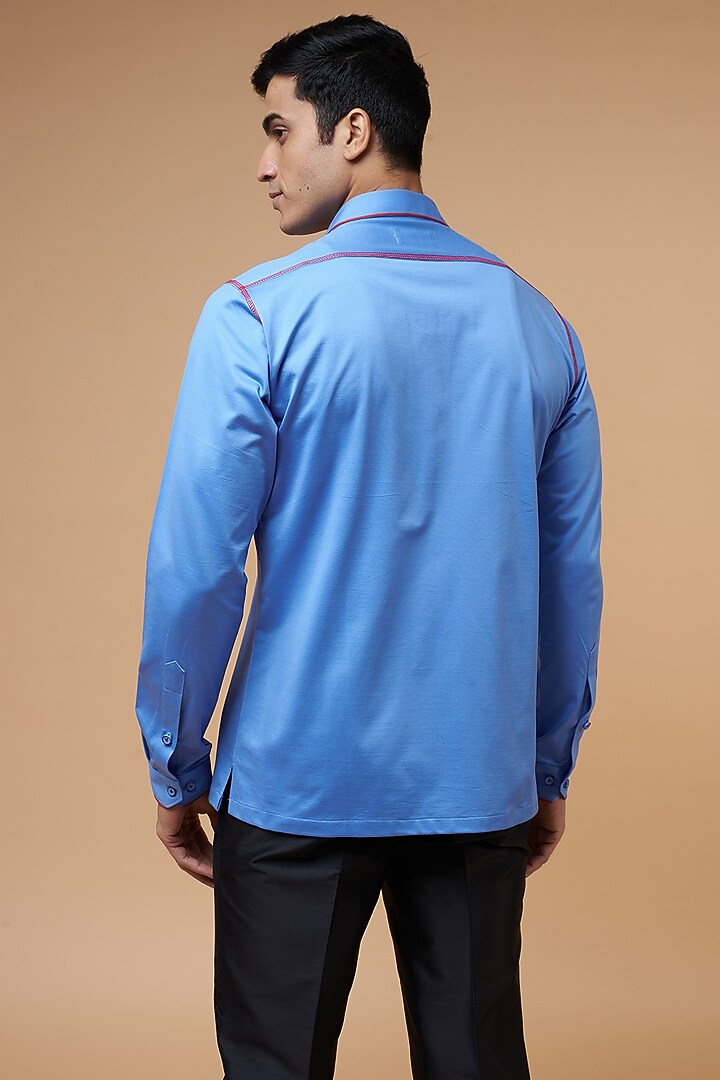 Blue Cotton Lycra Knitted Party Wear Shirt by POUR LUI at Pernia's Pop Up Shop