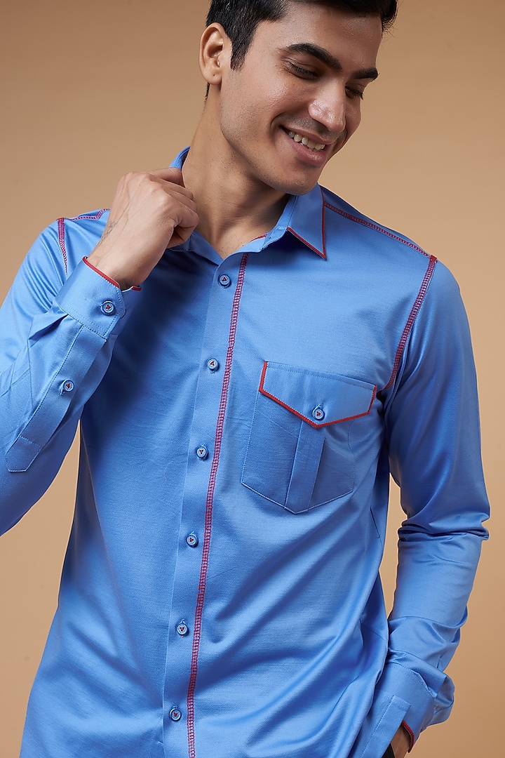 Blue Cotton Lycra Knitted Party Wear Shirt by POUR LUI at Pernia's Pop Up Shop