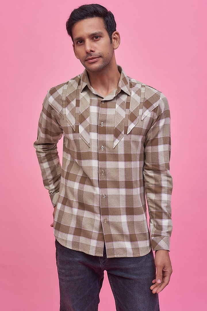 Beige Cotton Checkered Shirt by POUR LUI