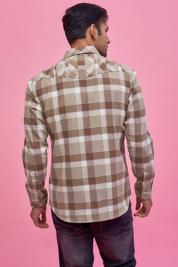 Beige Cotton Checkered Summer Shirt by POUR LUI at Pernia's Pop Up Shop
