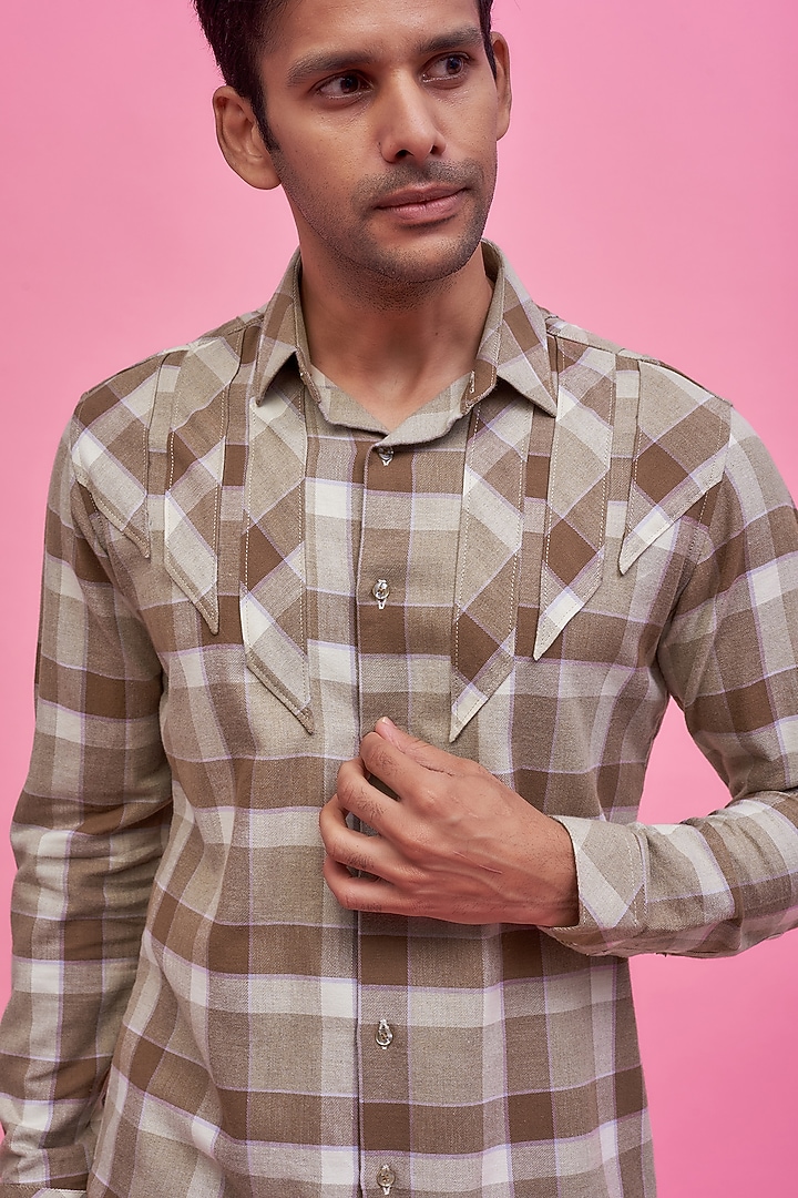 Beige Cotton Checkered Summer Shirt by POUR LUI at Pernia's Pop Up Shop