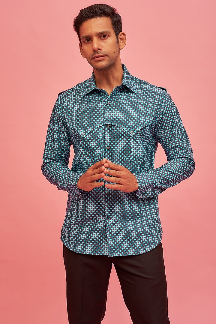 Blue Cotton Printed Shirt by POUR LUI