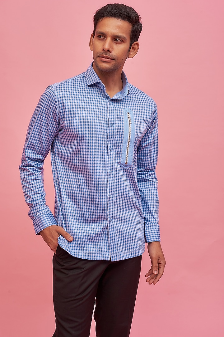 Blue Cotton Checkered Shirt by POUR LUI at Pernia's Pop Up Shop