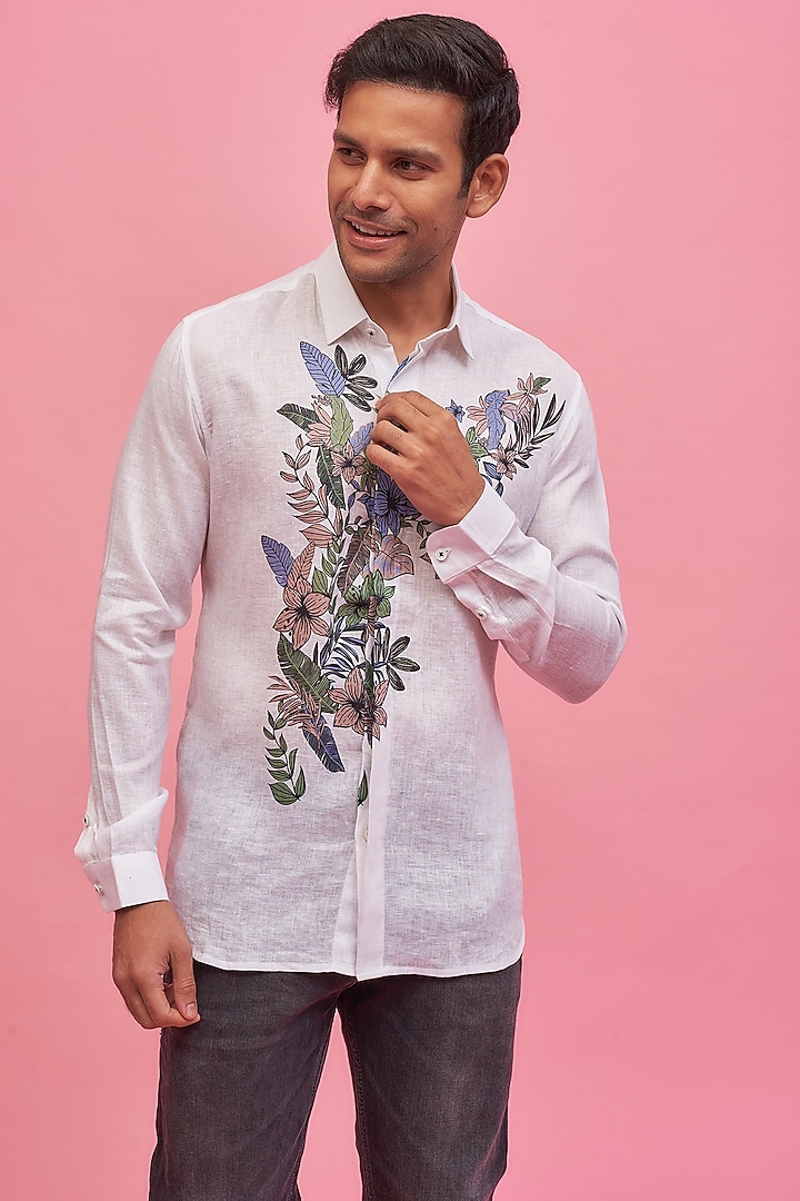 White Linen Printed Shirt by POUR LUI