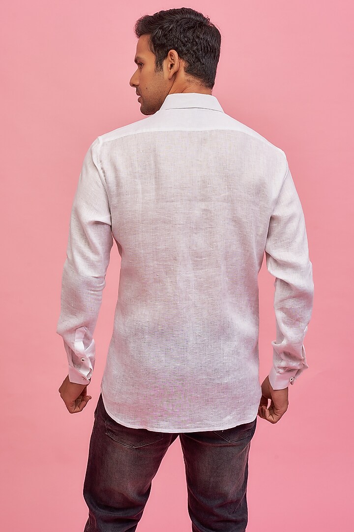 White Linen Printed Party Wear Shirt by POUR LUI at Pernia's Pop Up Shop