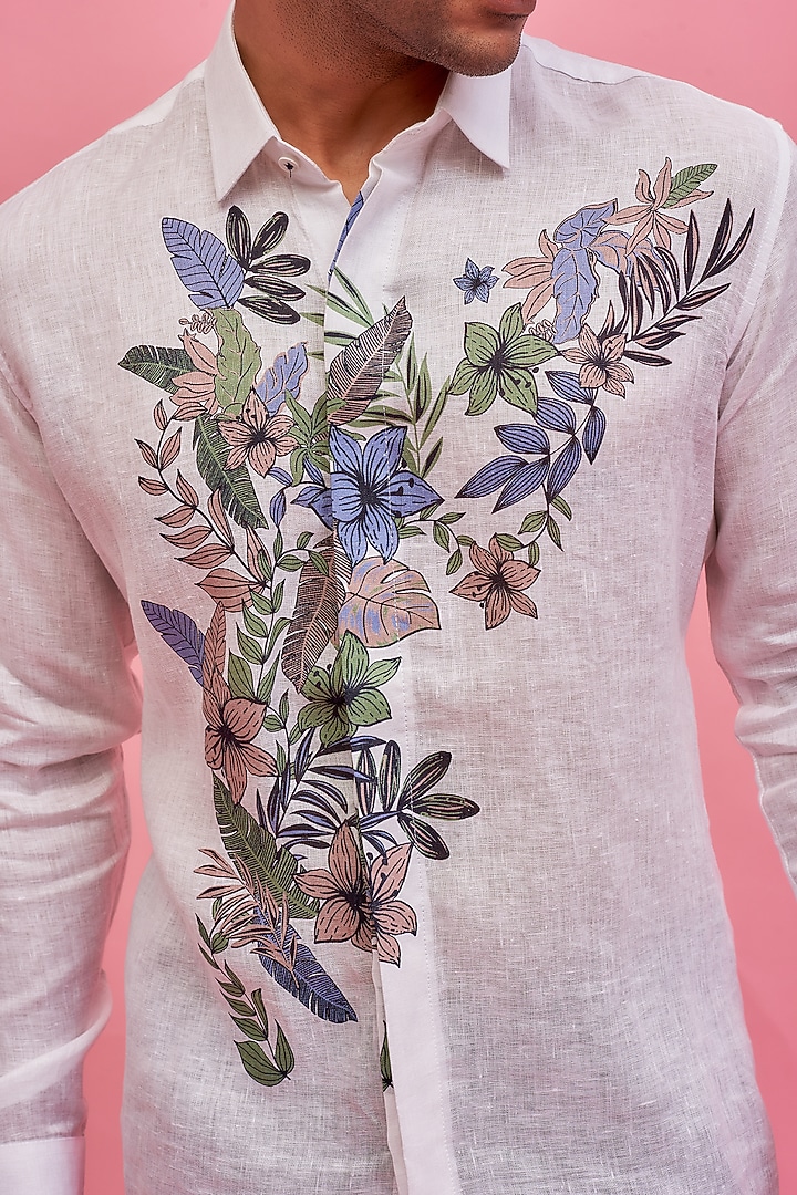 White Linen Printed Party Wear Shirt by POUR LUI at Pernia's Pop Up Shop