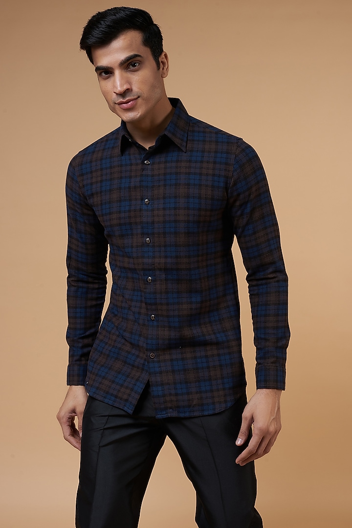 Blue Cotton Checkered Shirt by POUR LUI