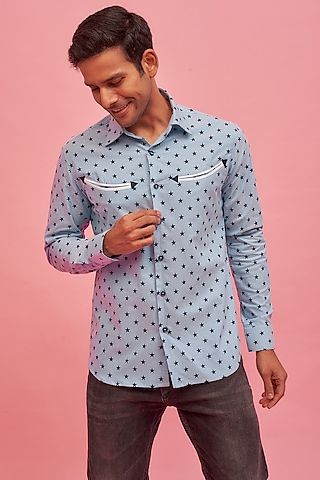 Blue Cotton Printed Shirt by POUR LUI